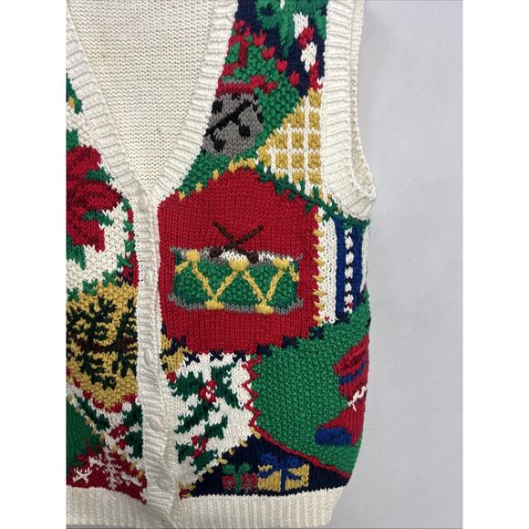 Vtg Ashley XL Hand Knit Christmas Sweater Cardigan V-Neck Button - Picture 3 of 10